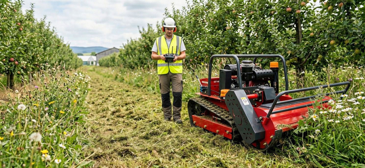 Remote-controlled tracked flail mower maintaining orchard-row rough grass with the operator nearby