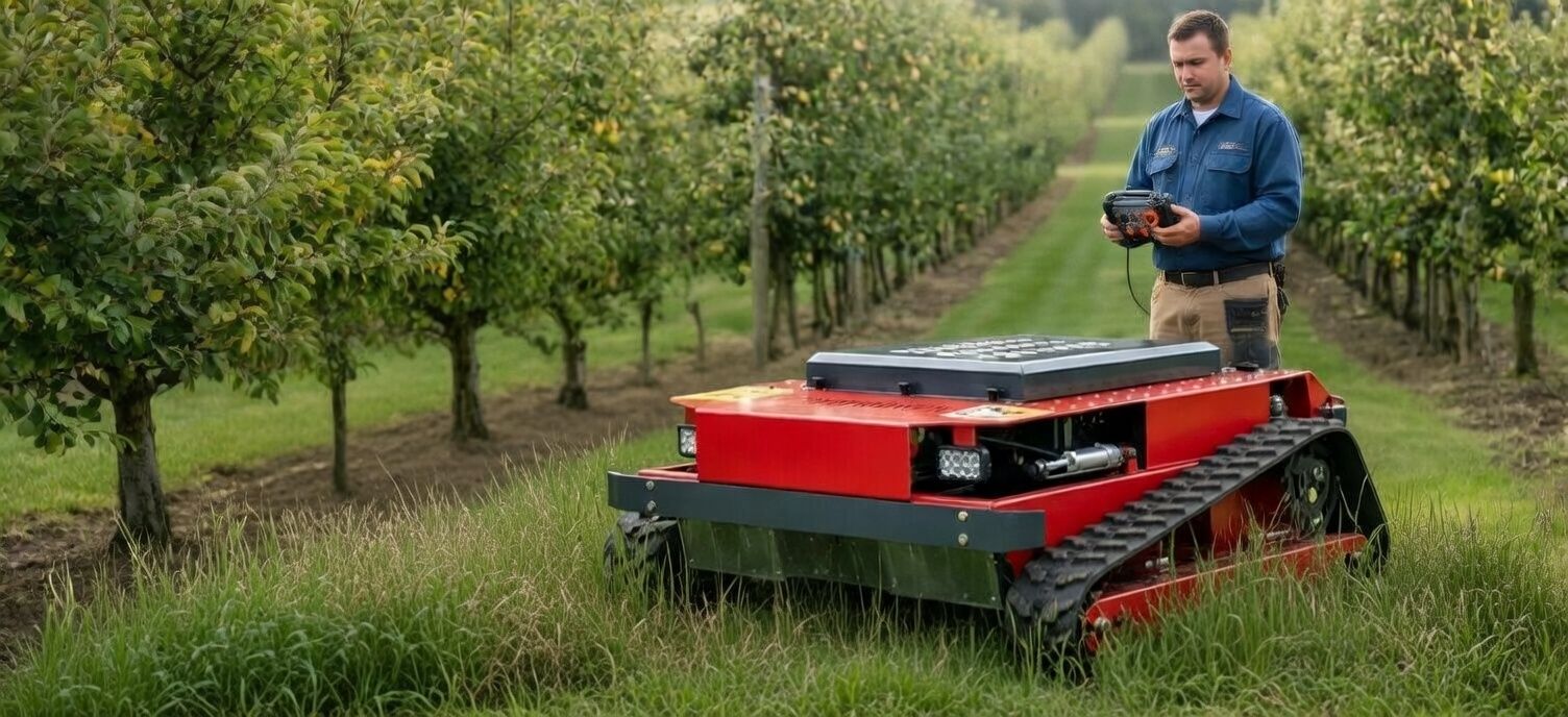 Compact remote-controlled tracked mower working in orchard lanes while the operator controls it from a safe distance