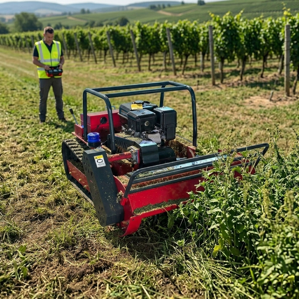 Remote-controlled tracked mower working in orchard and vineyard lanes